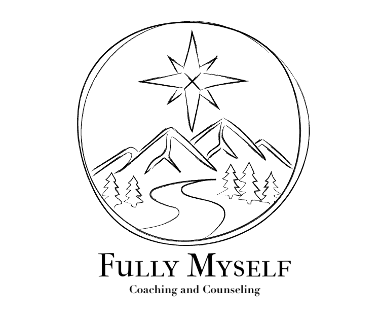 A logo - an image of a path through a mountain heading toward a north star with the words "Fully Myself Coaching and Counseling" underneath.